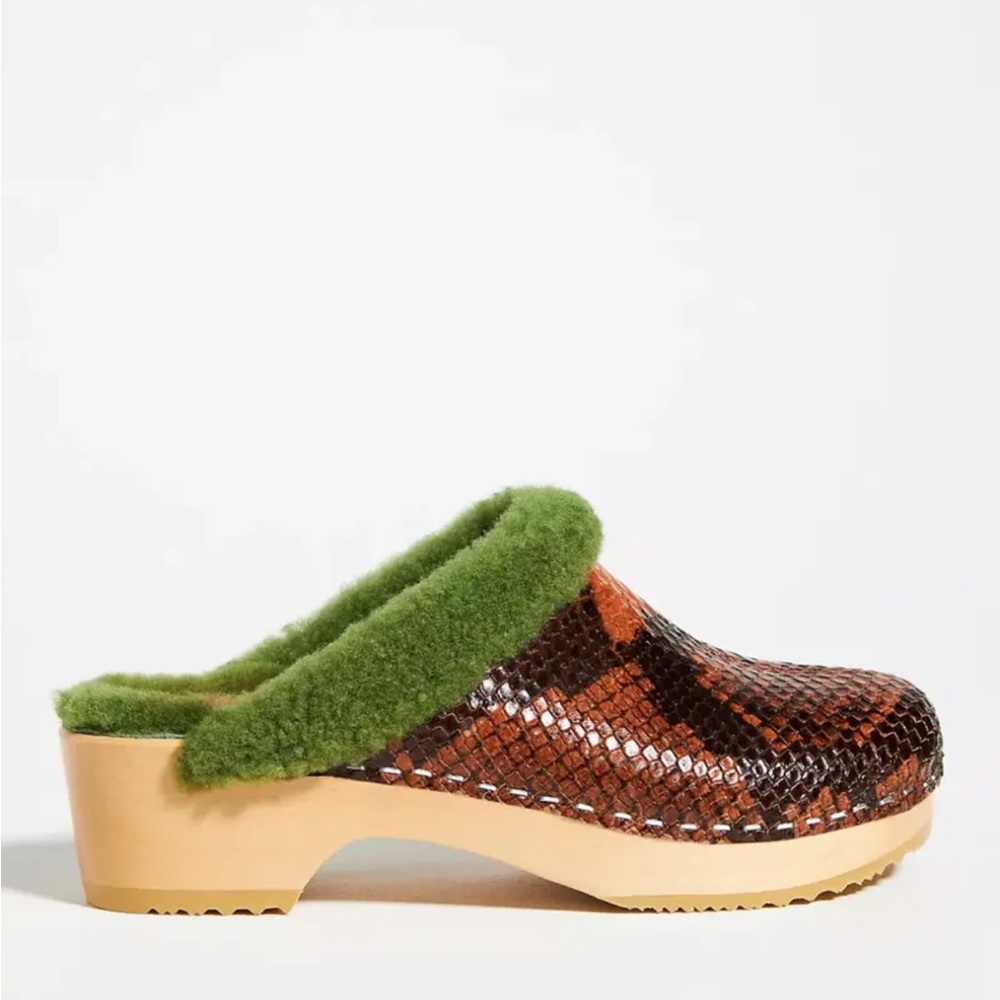 Swedish Hasbeens Snake Shearling Clogs Mules Size 38